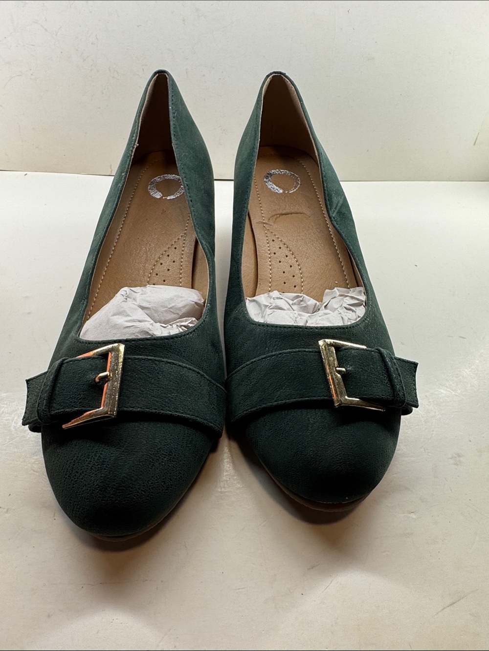 Women's Green Suede-Look Buckle Flats